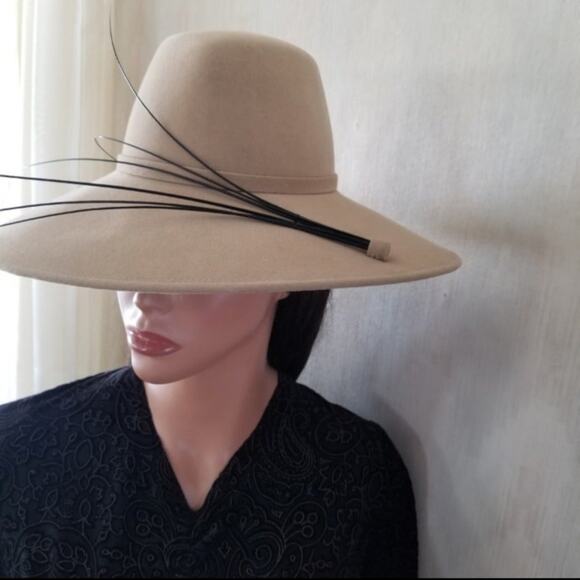 Upper Class Hats by Blima Camel Wide Brim Designer Hat Long Feather Accent